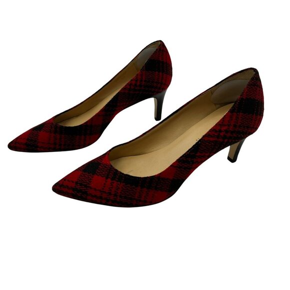 Talbots Plaid Canvas Heels Pointed Toe Red/Black Size 6M - Picture 1 of 9